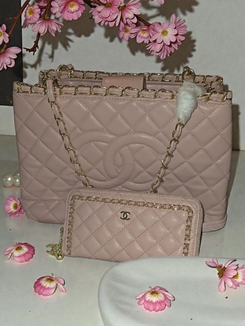 Super Soft Pink Leather Quilted Bag 10x9x3 & Wallet Set